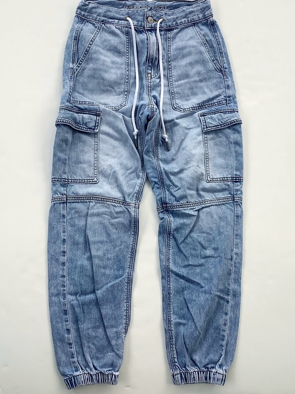 American Eagle Outfitters Light Blue Denim Cargo Joggers with Drawstring
